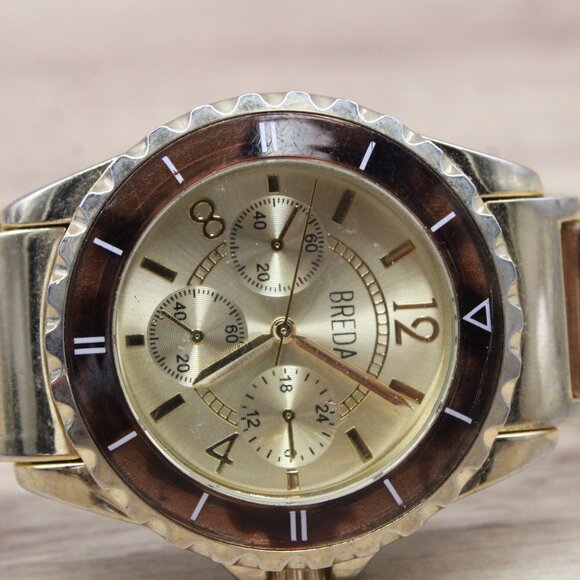 BREDA Chronograph Watch Womens Gold Tone Classic Stainless Steel Leopard Band - Picture 6 of 9